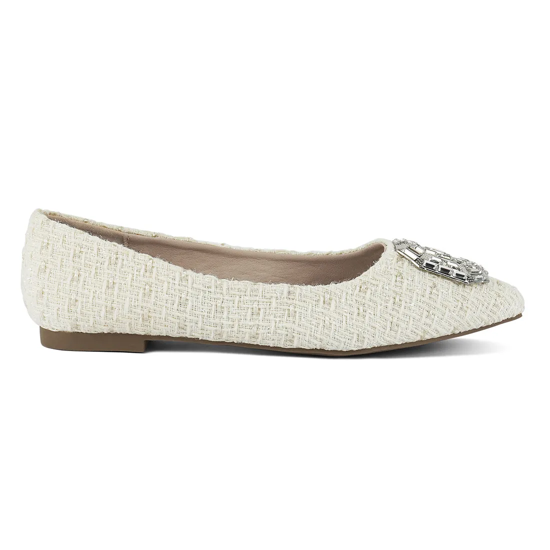 Aria Embellished Jewel Buckle Tweed Ballet Flats