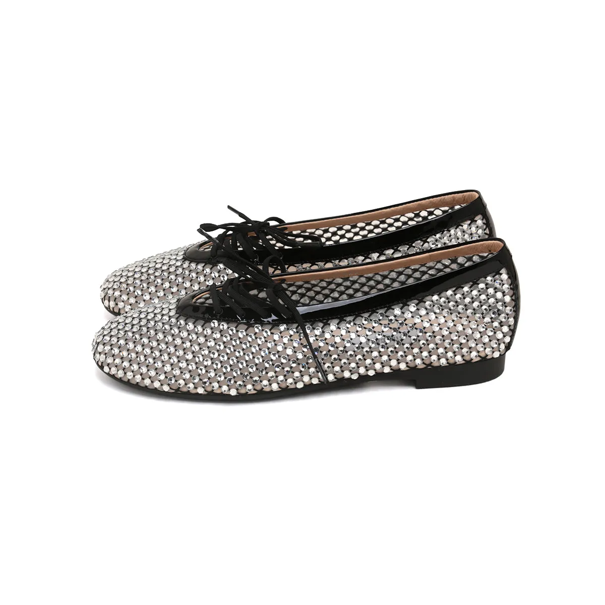 Black Mesh Crystal Embellished Ballet Flats