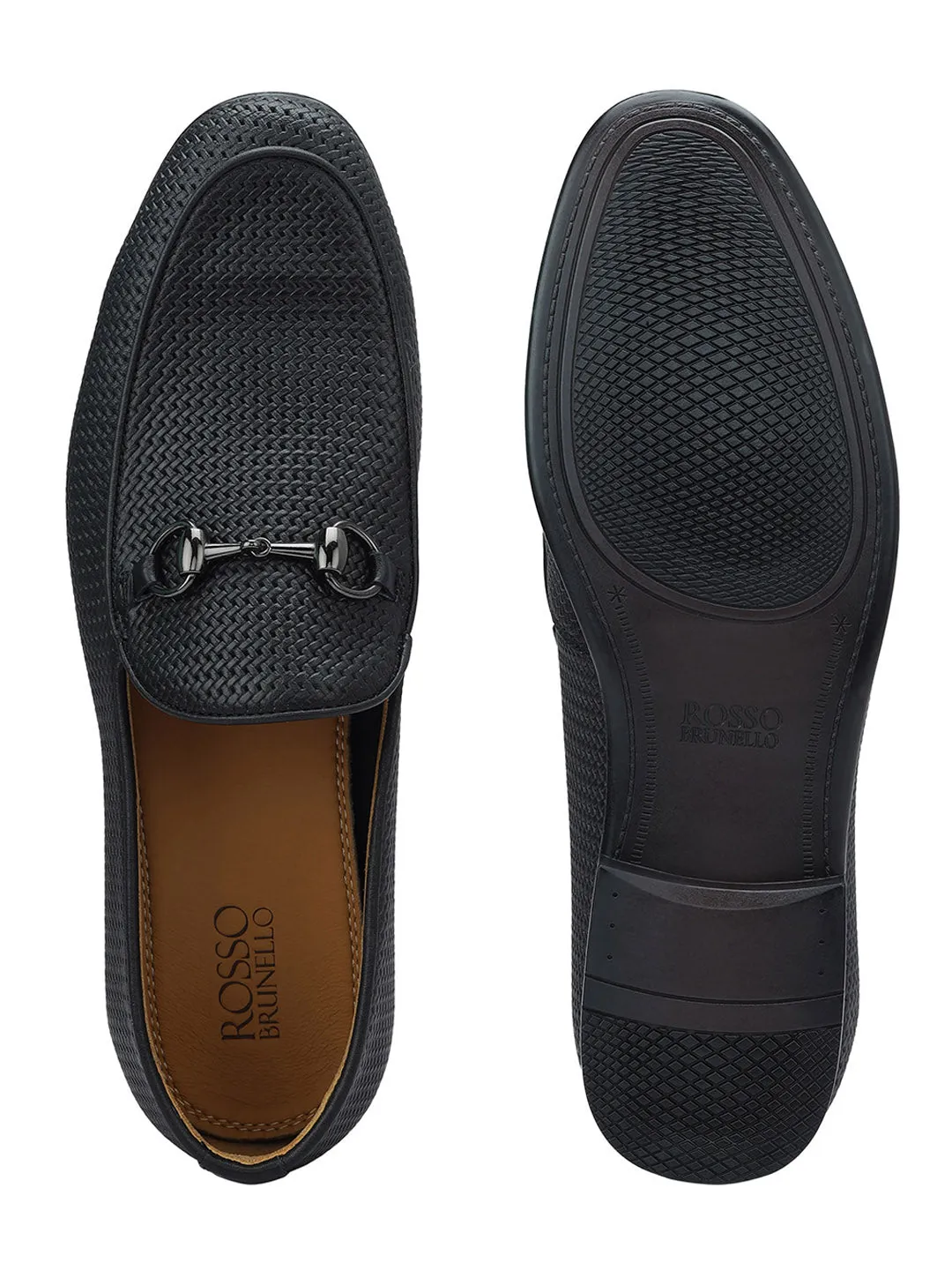 Black Textured Loafers With Buckle