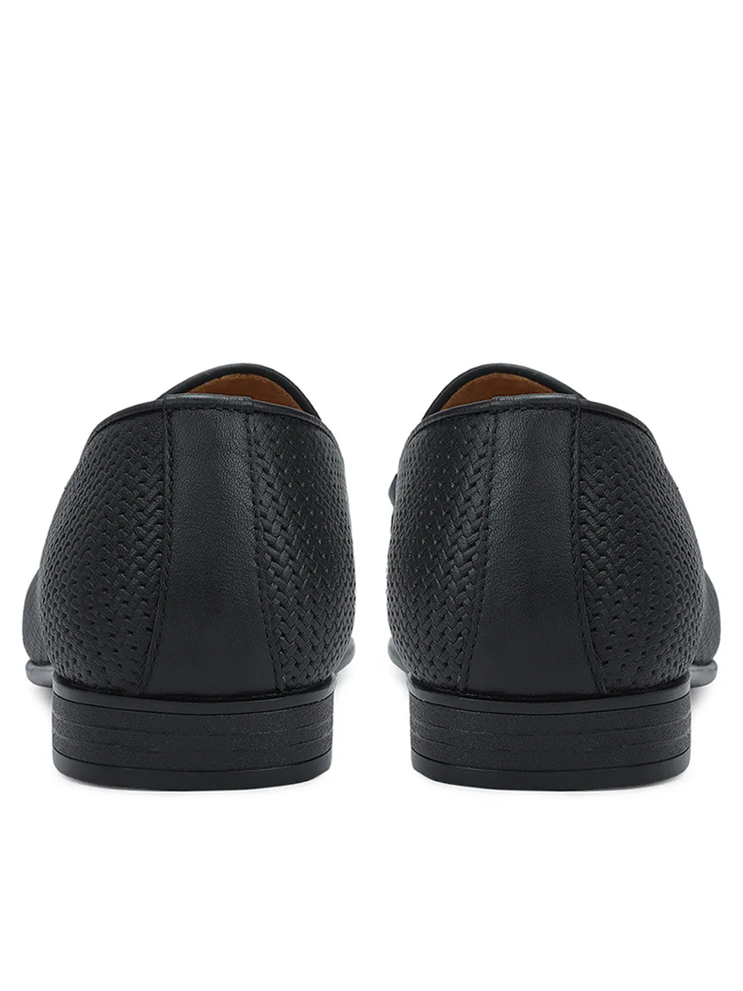 Black Textured Loafers With Buckle