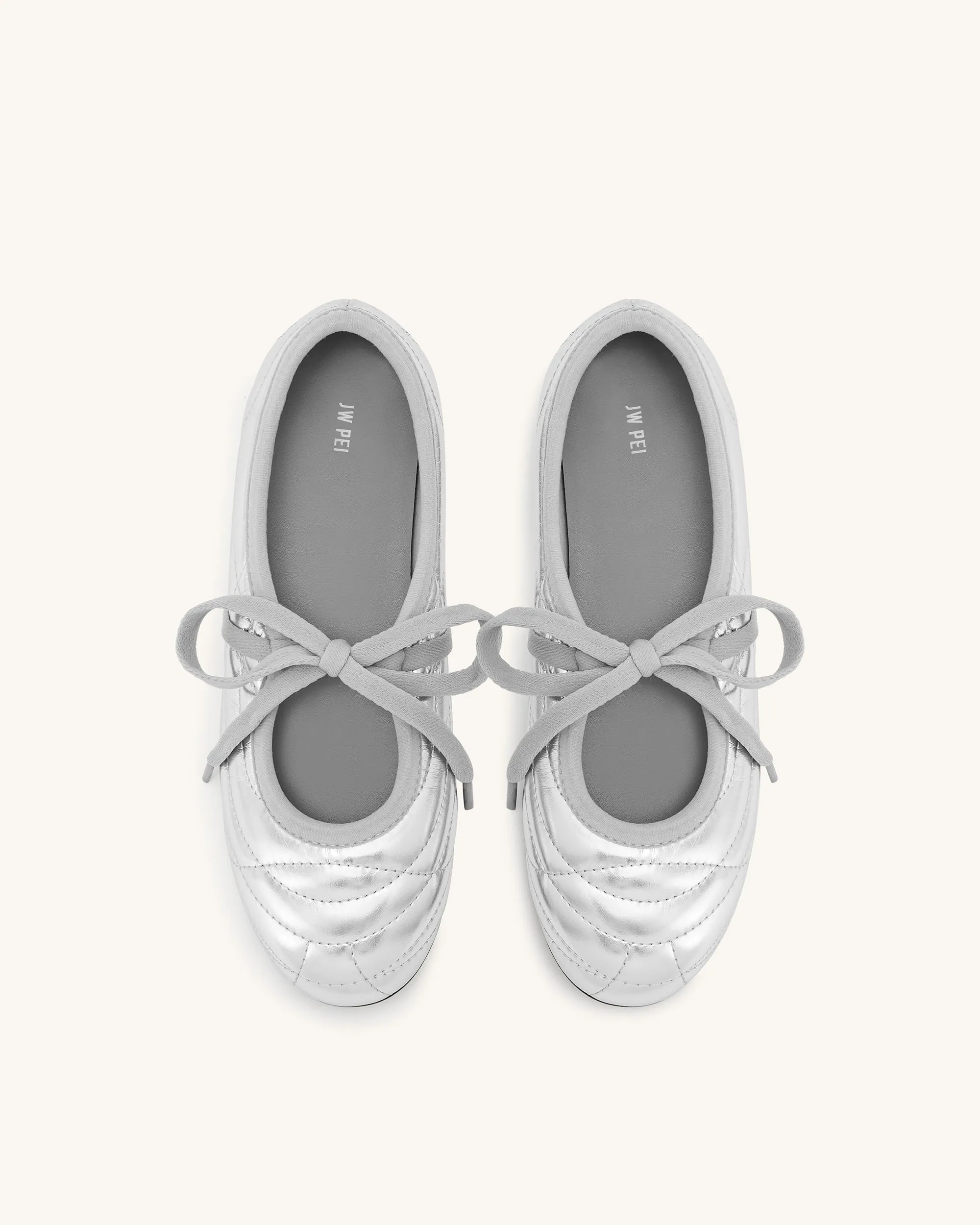 Erika Topstitching lace-up ballet Flats- Silver