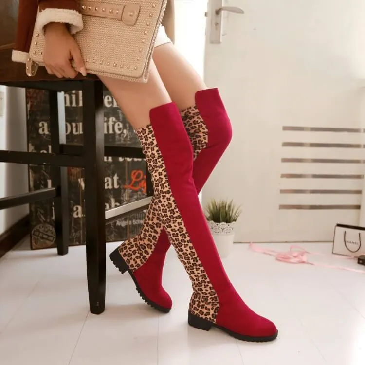 Leopard Print Chunky Heel Patchwork Over Knee Boots