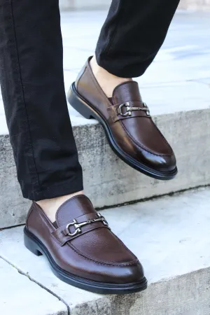 Men's Brown Leather Buckle Loafers-Wessi