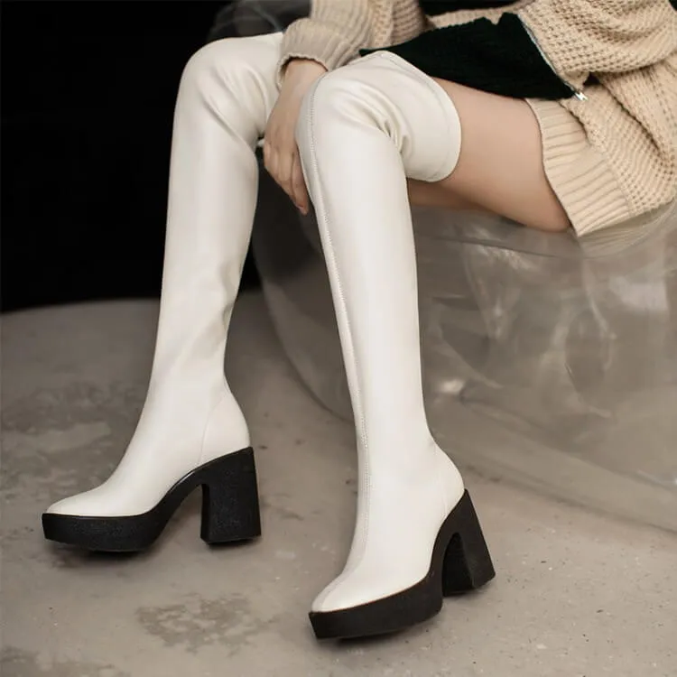 PU Platform Chunky Stretch Heel Over Knee Boots