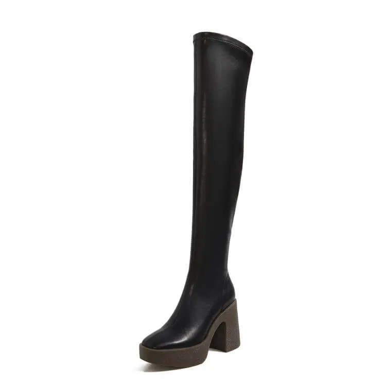 PU Platform Chunky Stretch Heel Over Knee Boots