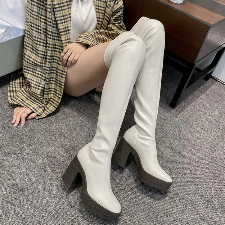 PU Platform Chunky Stretch Heel Over Knee Boots