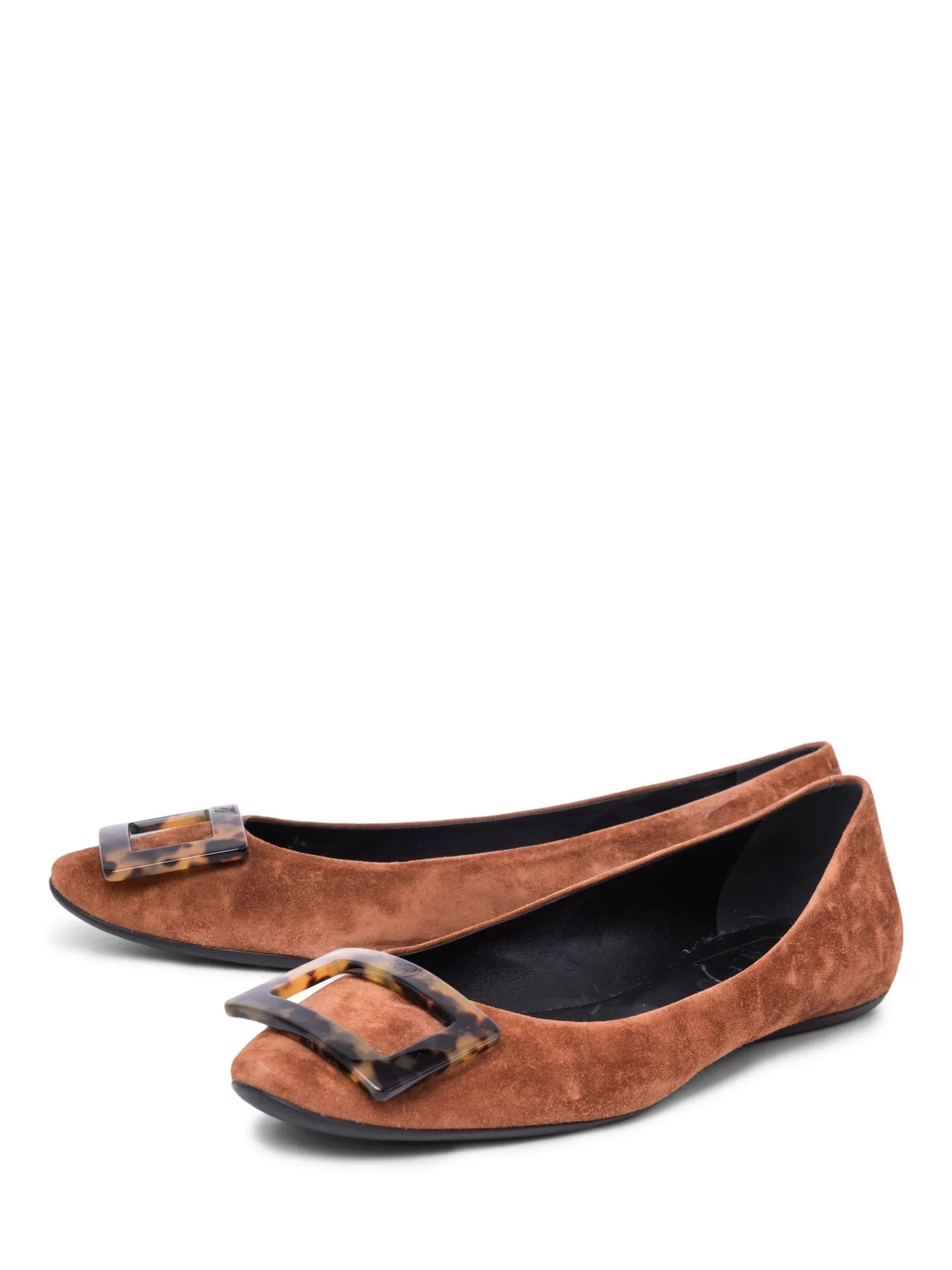 Roger Vivier Logo Suede Tortoiseshell Buckle Flats Brown
