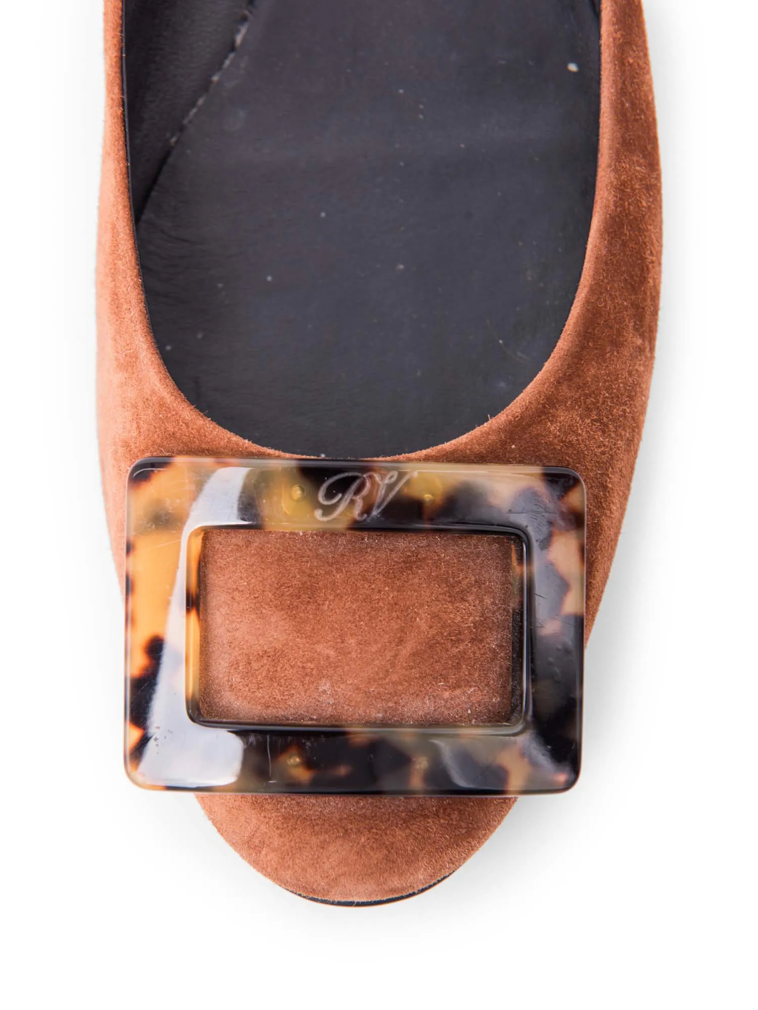Roger Vivier Logo Suede Tortoiseshell Buckle Flats Brown