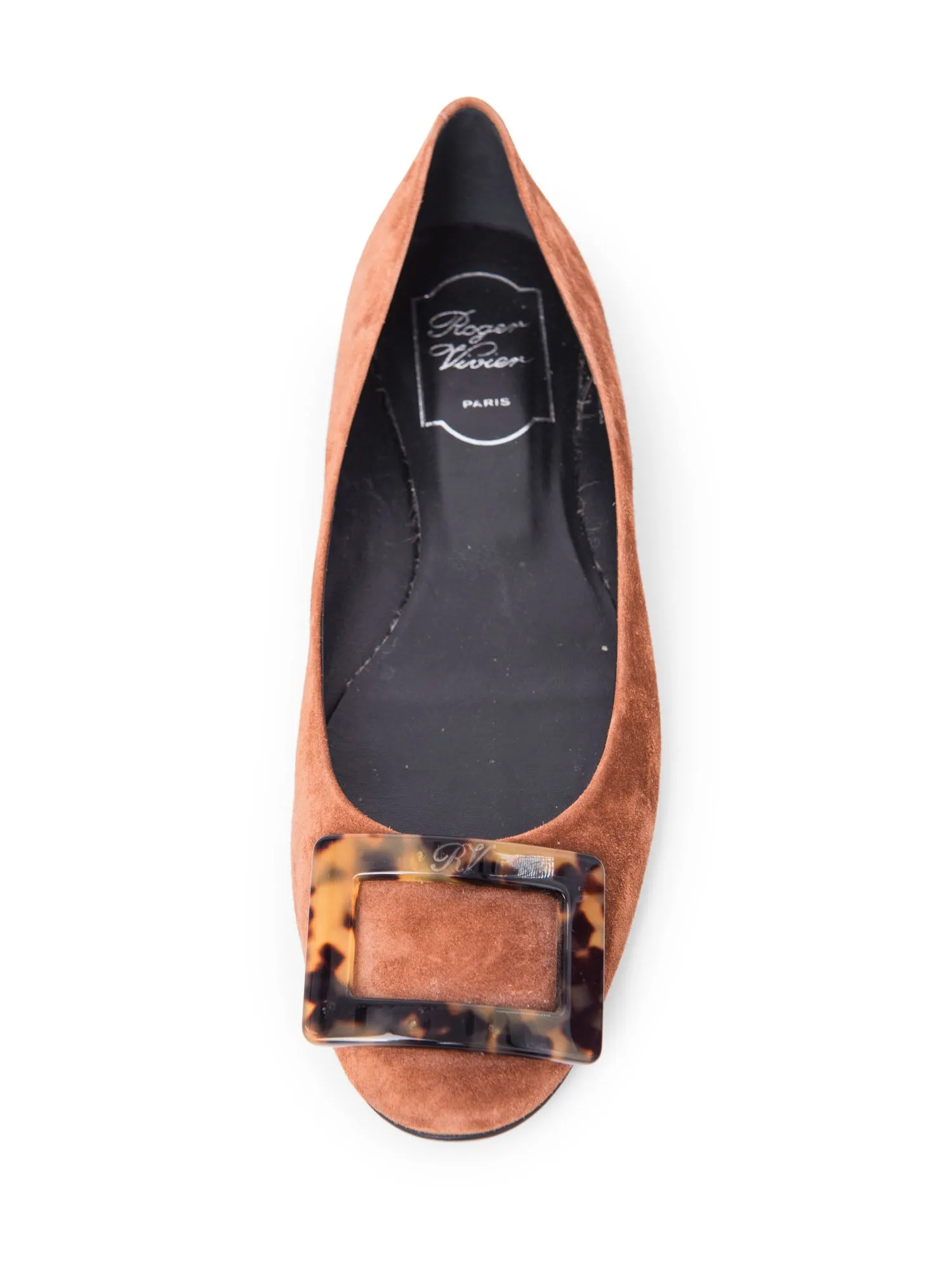 Roger Vivier Logo Suede Tortoiseshell Buckle Flats Brown