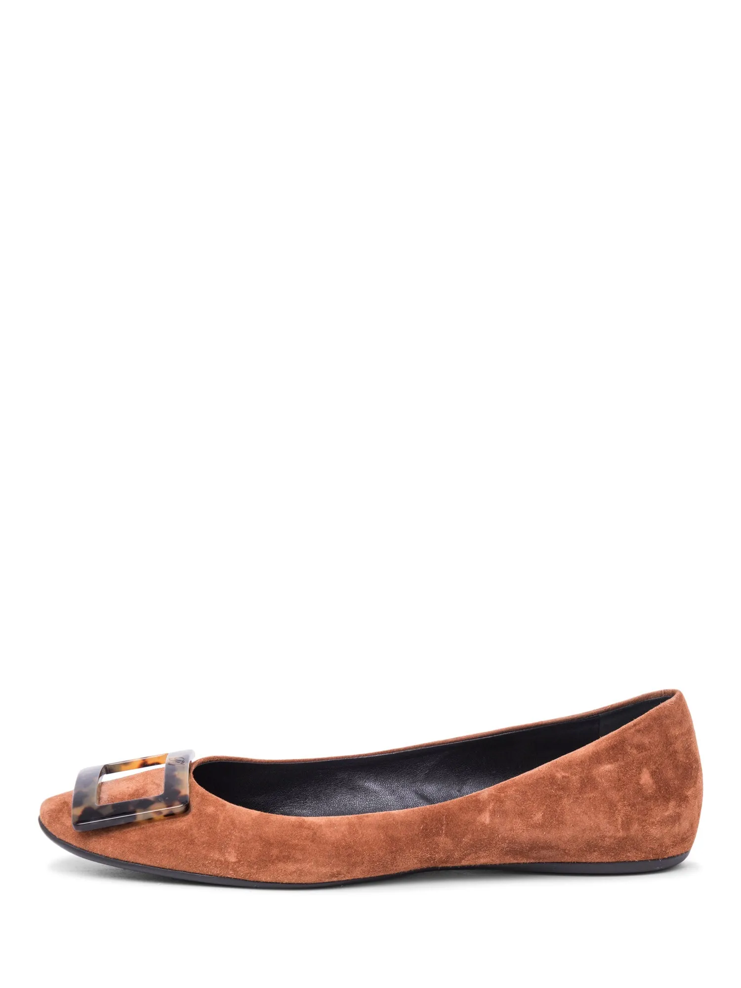 Roger Vivier Logo Suede Tortoiseshell Buckle Flats Brown